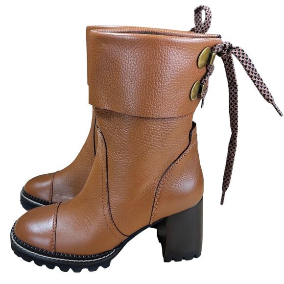 See By Chloe NWOB Lugg Sole Cognac Brown Leather Heeled Boots Size 37 (US 7) - Picture 4 of 10